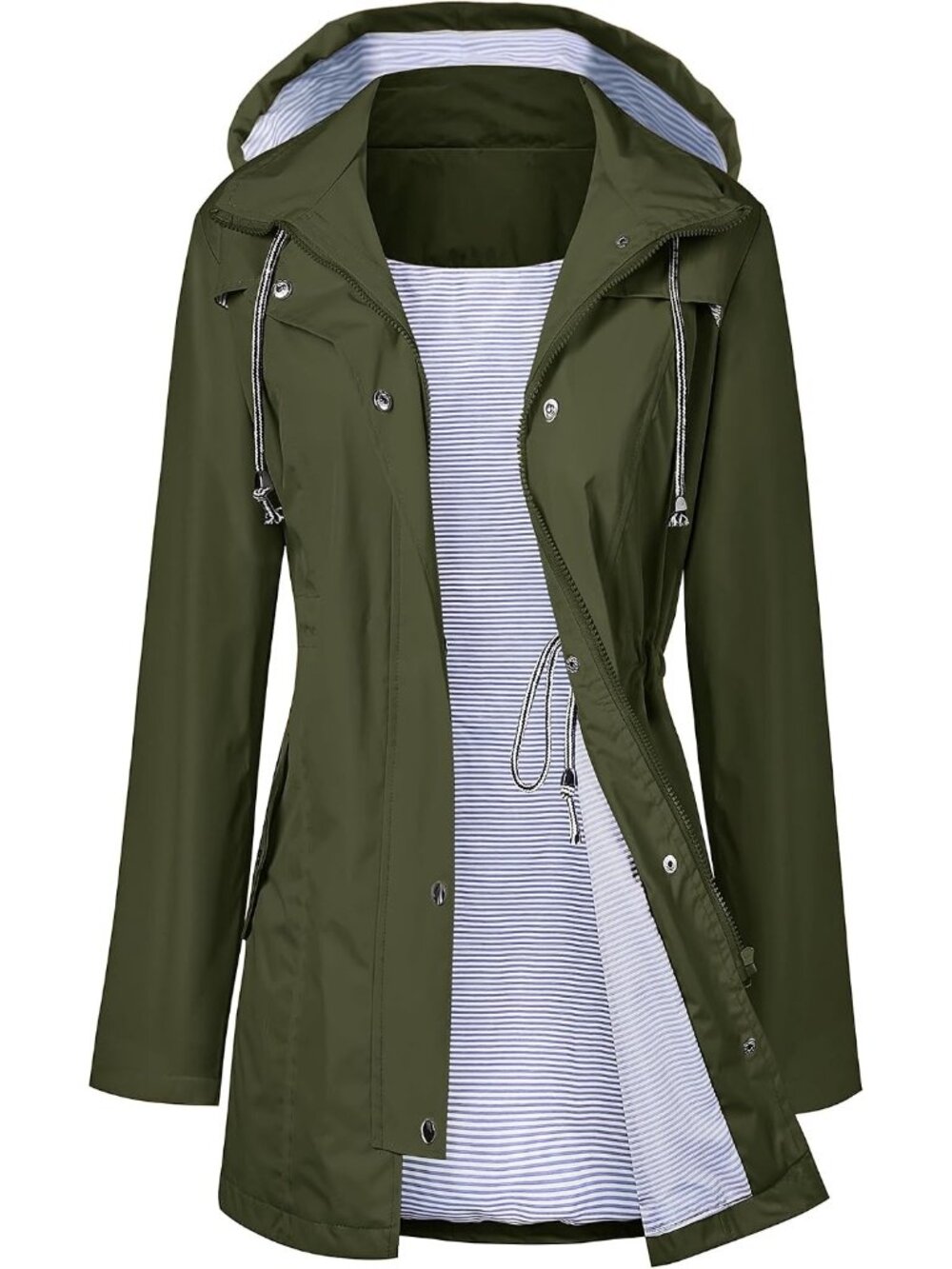 〽️Women's Long Army Green Raincoat Waterproof Hooded Windbreaker Jacket